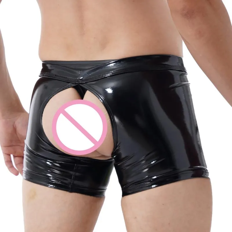 Underpants Men Underwear Shiny Metallic Latex Lingerie Erotic Open BuBoxer Shorts Removable Bulge Pouch Underpant Boxer UnderwearUnderpants