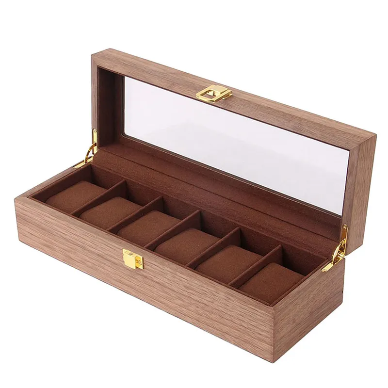 Wooden Watch Box Case Organizer Display for Men Women, 6 Slots Wood Box with Clear Glass Top, Vintage Style
