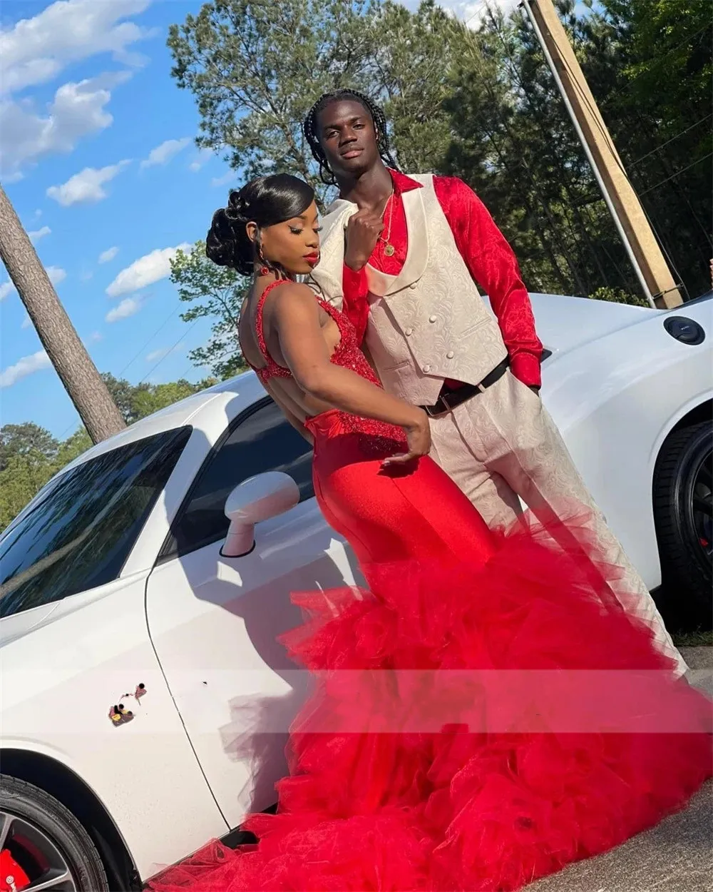 red satin trumpet dress Red Mermaid Red tulle prom dress 2022 for Black Girls with Ruffles