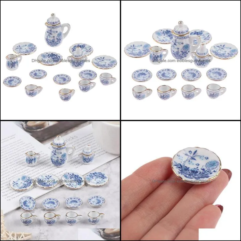 Decorative Objects & Figurines 15Pcs 1:12 Dollhouse Miniature Tableware Porcelain Ceramic Tea Cup Set Doll House Accessories