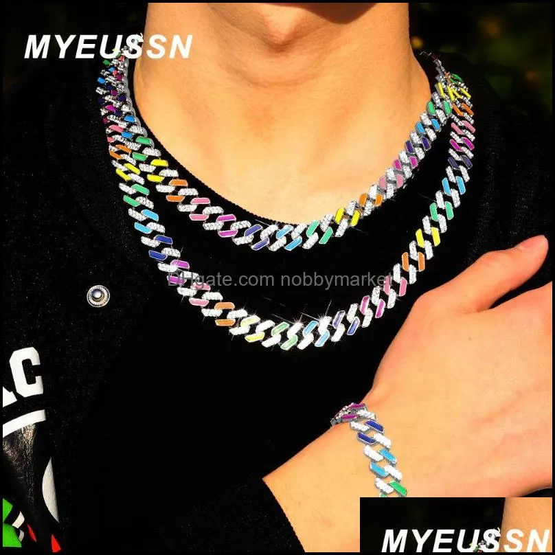 Chains 13MM Iced Out Cuban Necklace Link Chain Women Crystal Neon Colorful Enamel Choker Suit Rainbow Bracelet Jewelry