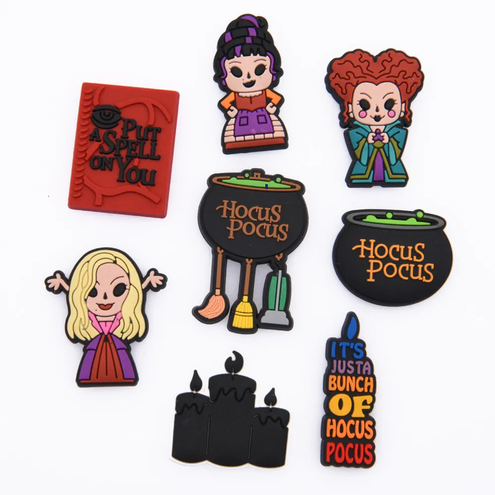 2022 Atacado Hocus Pocus Shoes Charms Popular Halloween Moives Clog Shoe Charms Decoração Personalizada Borracha Macia Abóbora Croc Charme para crianças presentes de feriado