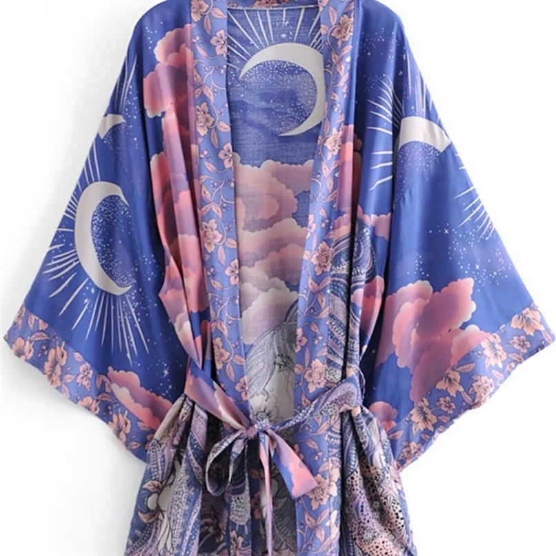 Boho Vintage Yıldız ve Ay Çiçek Baskı Sashe Bohemian V Boyun Batwing Kollu Happie Kısa Robe Kimono Elbise Kapak 220426