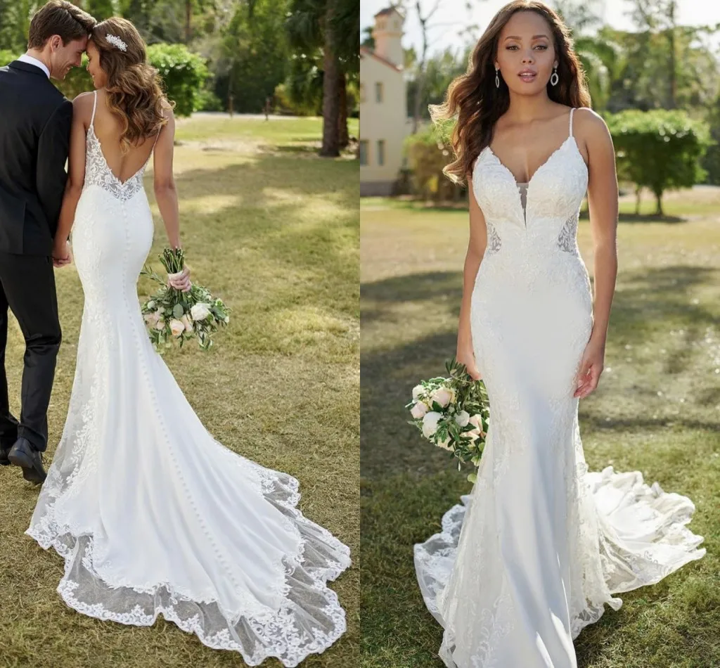 Abiti da sposa a sirena in pizzo senza spalline sexy scollo a V applicazioni senza schienale bottoni senza maniche lungo strascico abito da sposa abiti da noiva mariage