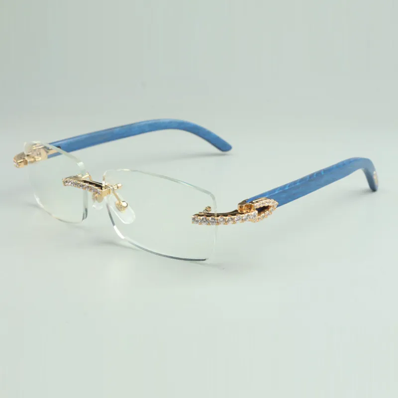 Montura de gafas de diamantes sin fin 3524012 con patas de madera azul natural y lentes transparentes de 56 mm