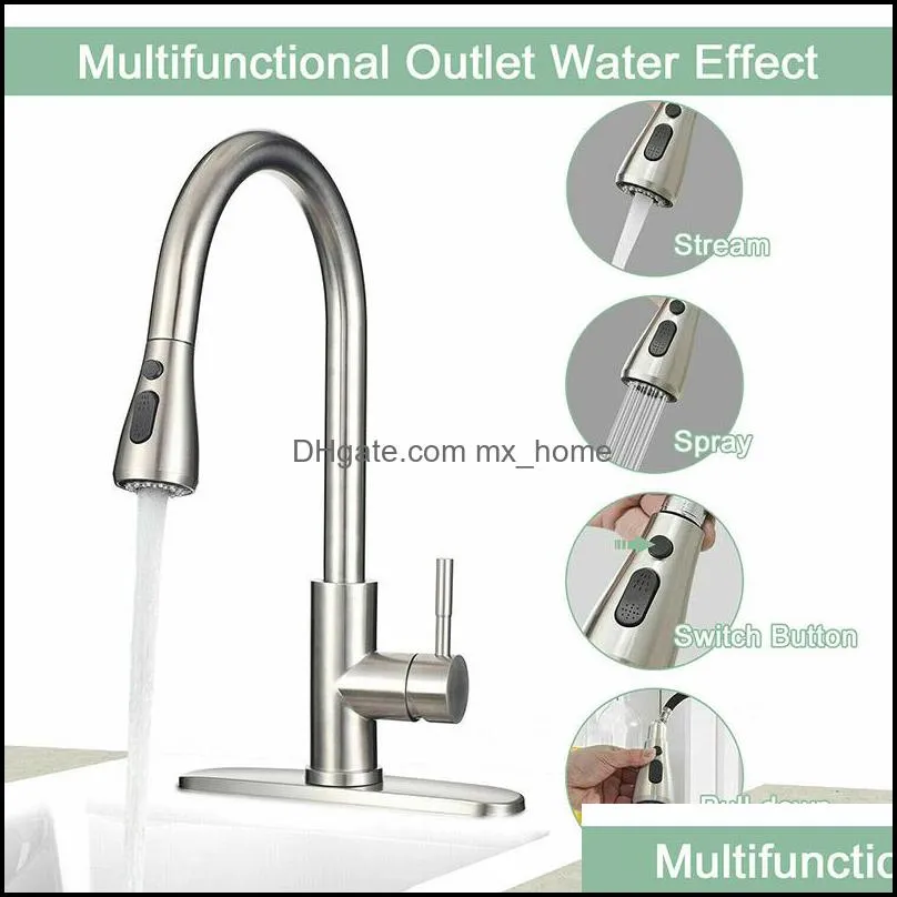 304 Stainless Steel Brushed Nickel Kitchen Pull Down Faucet with 3 Hole Cover Plate and pull out Spryer