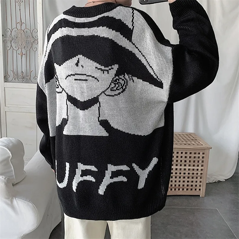 Japan Anime One Pieced Luffy Animation Sweater Oneck tröja Mens Autumn Winter Wear Loose Long Sleeved Warm Pullover 220817
