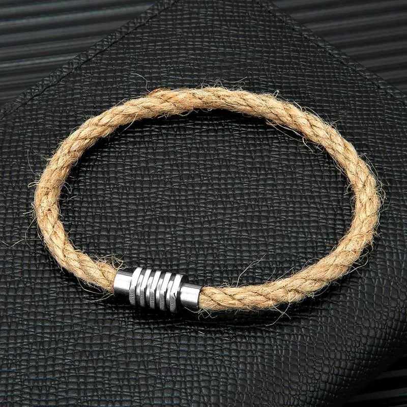 Bedelarmbanden minimalistische mannen vrouwen natuurlijke jute bondage touw vierkante knoop knoop armband roestvrijstalen magneet gesp gokkaar paar sieraden