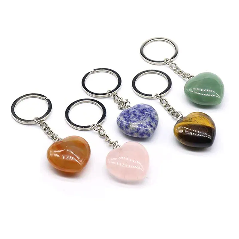 Porte-clés en pierre de cristal naturel pendentif en forme de coeur porte-clés porte-clés décoration de bagages porte-clés
