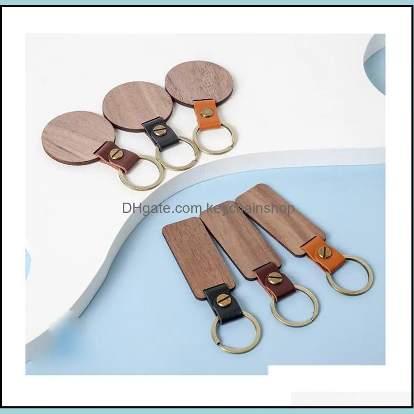 Blank Leather and Wood Keychain Rectange Round Wooden Key Ring for Personalized Engraving Carving Luggage Decoration