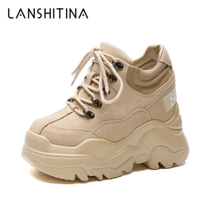 Spring High Platform Boots 12CM High Heel Women Thick Sole Shoes Leather Wedge Sneakers Waterproof Breathable Casual Shoes 201105