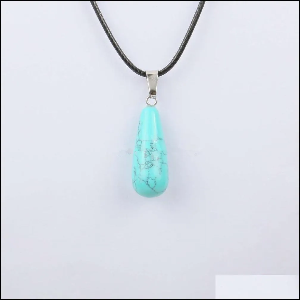 natural stone crystal quartz opal long water drop pendant & necklace leather chains for men women fashion jewelry