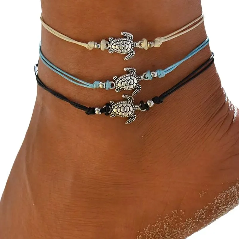 Adjustable Bohemian Ancient Silver Sea Turtle Anklet Bracelet Chain for Women Blue Black Wish Braided Rope Foot Chain Ankle Bracelets Summer Ocean Beach Jewelry