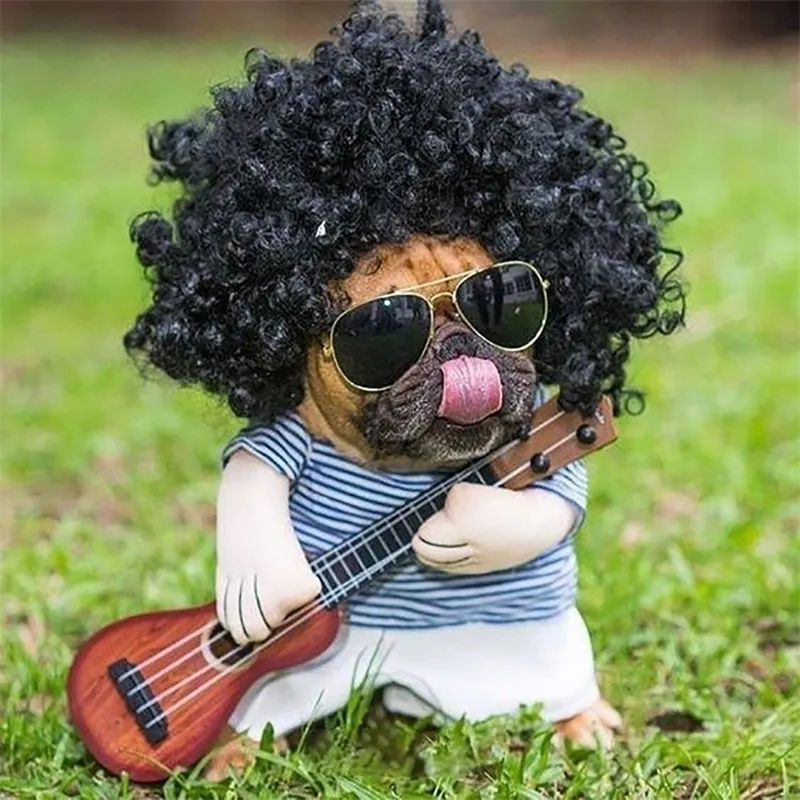 Komik evcil hayvan gitarist cosplay köpek kostüm gitarist giydirme parti xmas cadılar bayramı yıl kıyafetleri için kedi artı peruk y200917