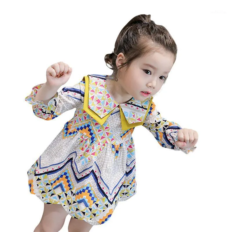 Mädchenkleider 2022 Kinder Mädchen Süßes Kleid Geometrisches Muster Turndown-Kragen Langarm einteiliger Prinzessin für den Sommer Herbst