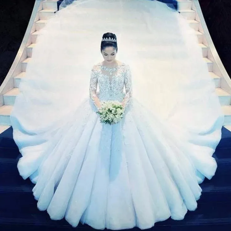Prenses Tasarımlar Balo Elbise Gelinlik Katedral Tren Dubai Lüks Gelinlik Uzun Kollu Crystas Boncuklu Gelin Vestidos De Novia Mariage Elbise