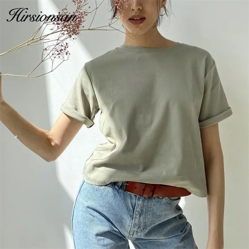 Hirsionsan 100% bawełna Oversized T Shirt Kobiety Harajuku Podstawowe Luźne Krótkie Trójniki Miękkie Kobiece Solidne Topy Khaki Sumper 220402