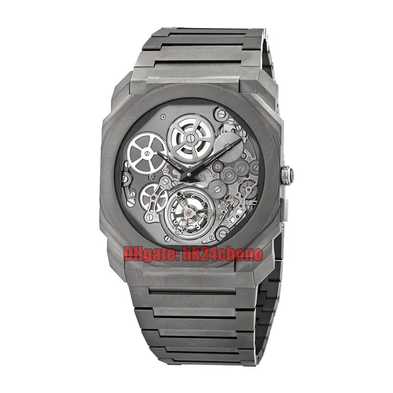 6 Styles högkvalitativa klockor 102937 Octo Finisimmo Tourbillon Automatiska mekaniska män Klocka Skeleton Grey Dial Titanium Armband Gents armbandsur