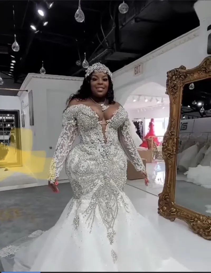 Robes de mariée sirène arabe grande taille 2022 manches longues scintillantes cristal perlé africain Aso Ebi volants cathédrale train extérieur mariée deuxième robe