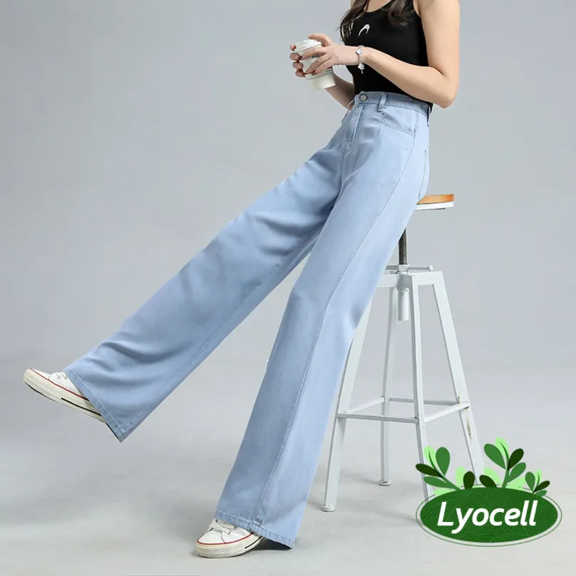 Frauen Jeans Sommer dünne weiche Frauen Jeans Natural Lyocell Stoff Baggy Wide Leg Denimhose 220824