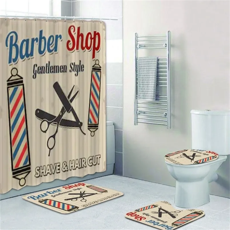 Vintage Barber Shop Duschgardinset för badrum Frisörsalong Inredning Toalett Badkar Tillbehör Badkar Gardiner Mattor Mattor Mattor 220517