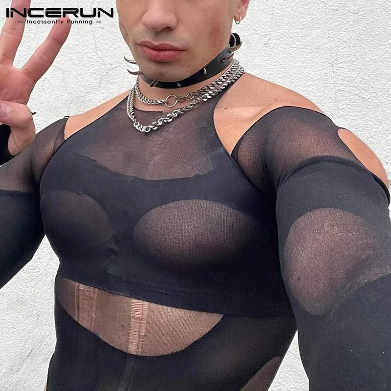 Inderun Men Mesh T Shirt Solid See Through Dwa Out dwa kawałki Camisetas Sexy Off Streetwear Tree Tops 220810