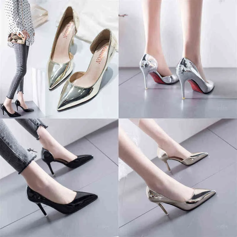 فستان أحذية 2022 Lente Nieuwe Stiletto Wees Teen Bright Lederen Enkele Schoenen Sexy Ondiepe Mond Effen Kleur Kant Hoge Hakken Vrouw Schoenen 220425