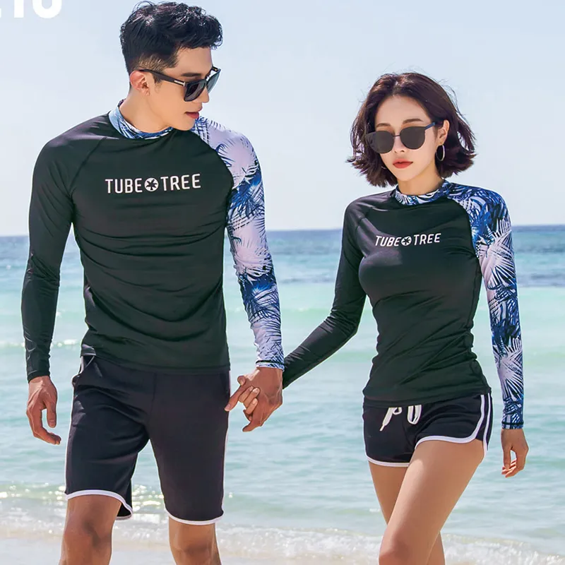 Rash Guards Homens Mulheres 2 Peças Manga Longa Camisa Shorts Preto Casais Swimwear Surf Maiôs Rashguard Wetsuits Venda 220509