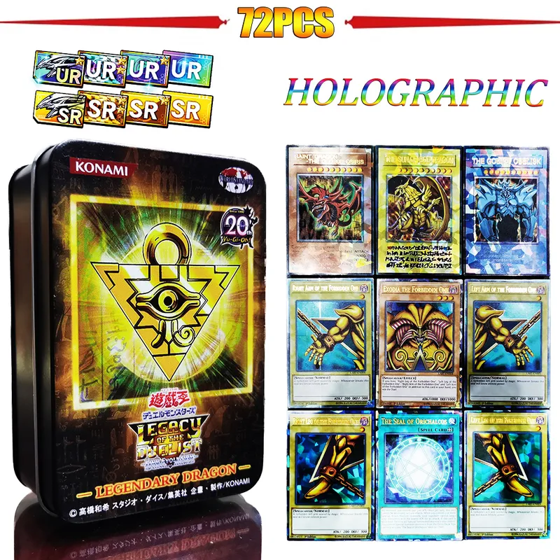 Cartões Yugioh com caixa de lata yu gi oh cartão 72pcs holográfico inglês versão dourada link duel links card de jogo azul olhos Êxodia 220705