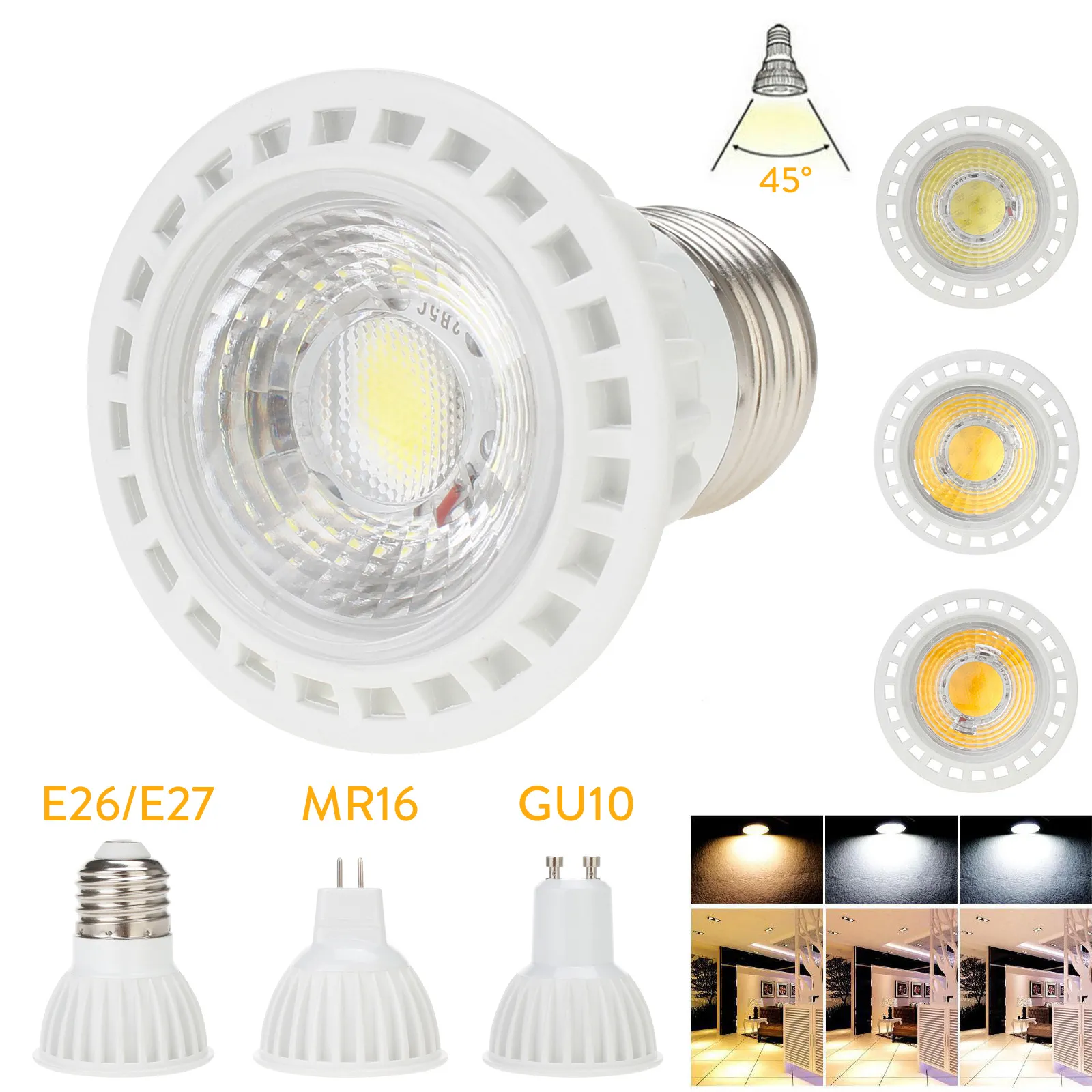 MR16 glödlampor 110-240V Spotlights LED GU10 E27 Dimble Cob 9W med 12V LED-tak nedljus 550 lm varm naturlig cool vit ul energisparlampa