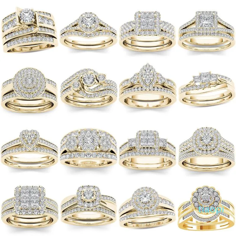 2022 Nieuwe mode Wedding Rings 2pcs Bridal Set Elegant Crystal Engagement Ring Luxe Gold Color Round Hart Zirkoon voor vrouwen Boho sieraden