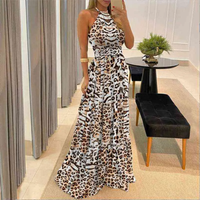 Leopard Print Ocleveless o-neck شنق الرقبة مثير فستان طويل فستان الصيف أزياء الشارع الشارع 2022 ملابس عيد الميلاد G220510