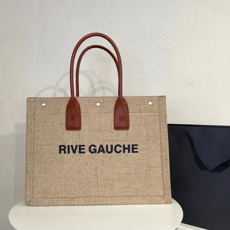 탑 여성 핸드백 Rive Gauche 토트 백 LINEN LEATHER 숄더 핸드백 패션 대형 비치 백 럭셔리 디자이너 여행 지갑 크로스 바디 백 Summer shopper luxurys