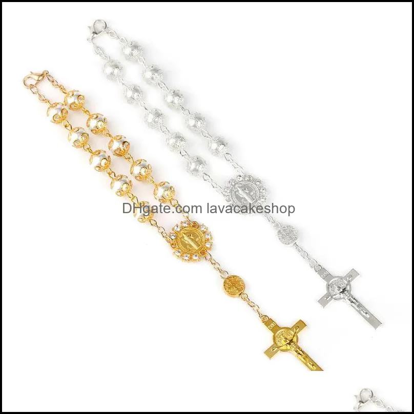 Party Favor Fournitures d'événements Festive Home Garden Imitation Perle Perles Chapelet Catholique Crucifix Pendentifs Bracelet Cadeaux de Baptême Baptême