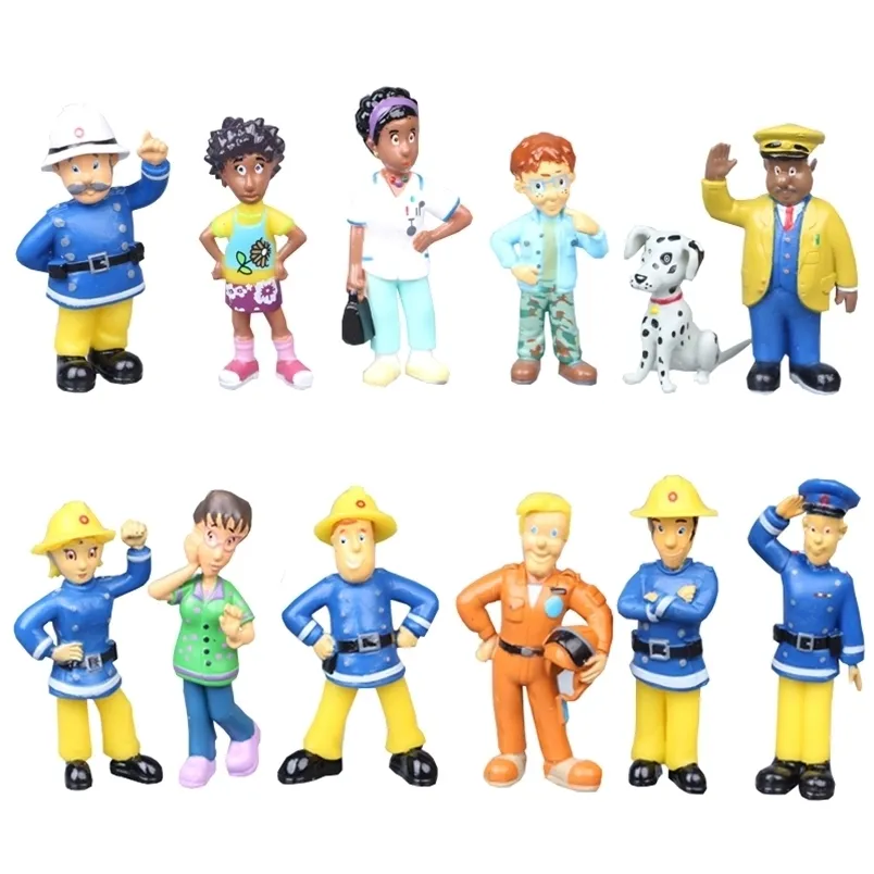 12PCSSET Fireman Sam Cartoon Anime Fire Fighting Figure Model Pvc Doll Toys Boy Girl Toy For Kids Birthday Prezent 220718