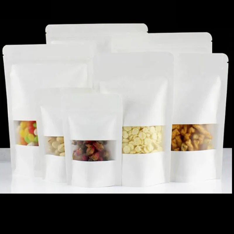 Borsa Doypack in Mylar in carta kraft bianca richiudibile inodore per alimenti, tè, erbe aromatiche, snack, chiusura con cerniera, sacchetti per la conservazione della confezione al dettaglio, custodia per imballaggio con finestra