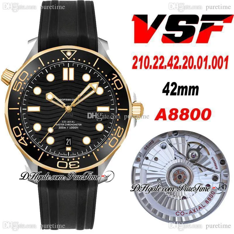 VSF V2 Diver 300m A8800 masculinos automáticos assistem dois tons de cerâmica de ouro amarelo Boldura preta de textura de onda de borracha 210.22.42.20.01.00 Super edição PureTime 01b2