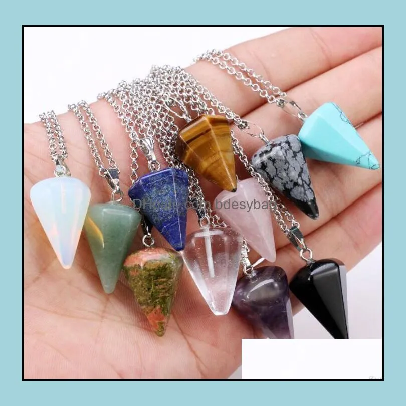 Natural Gemstone Pendant Necklace Crystal Healing Chakra Reiki Stone Hexagonal Prisme Cone Pendulum Charm Necklaces for Women Girls