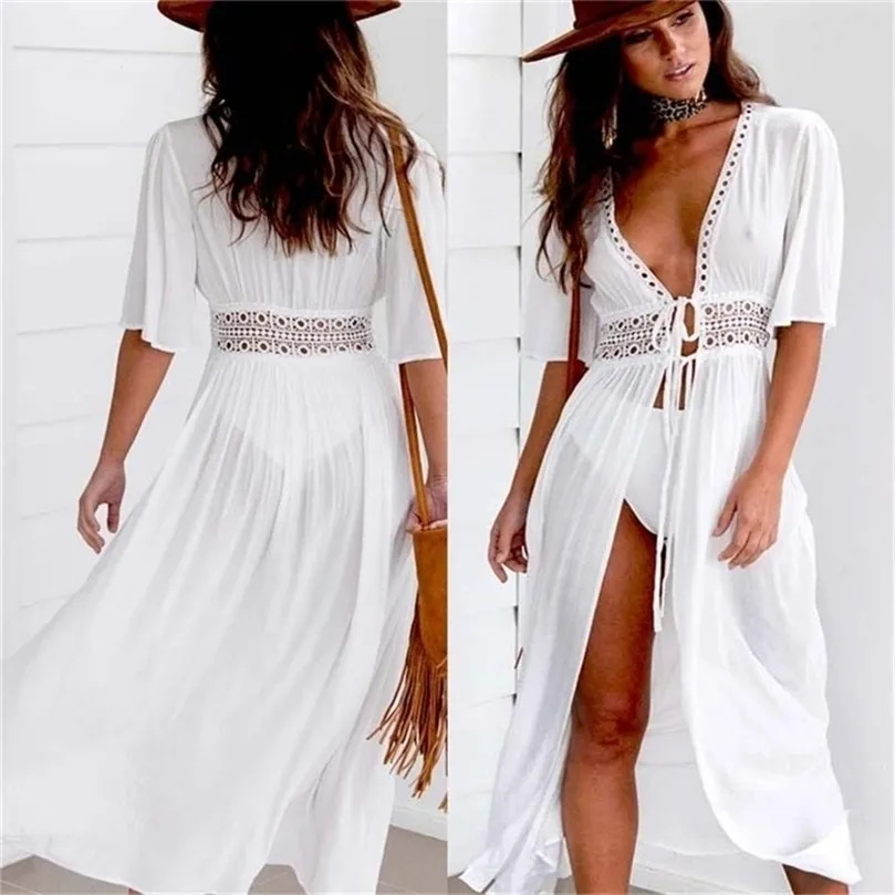 3XL Plus Size Beach Long Maxi Dress Women Cover Up Tunic Pareo White V Neck Robe Badkläder Baddräkt slitage 220615