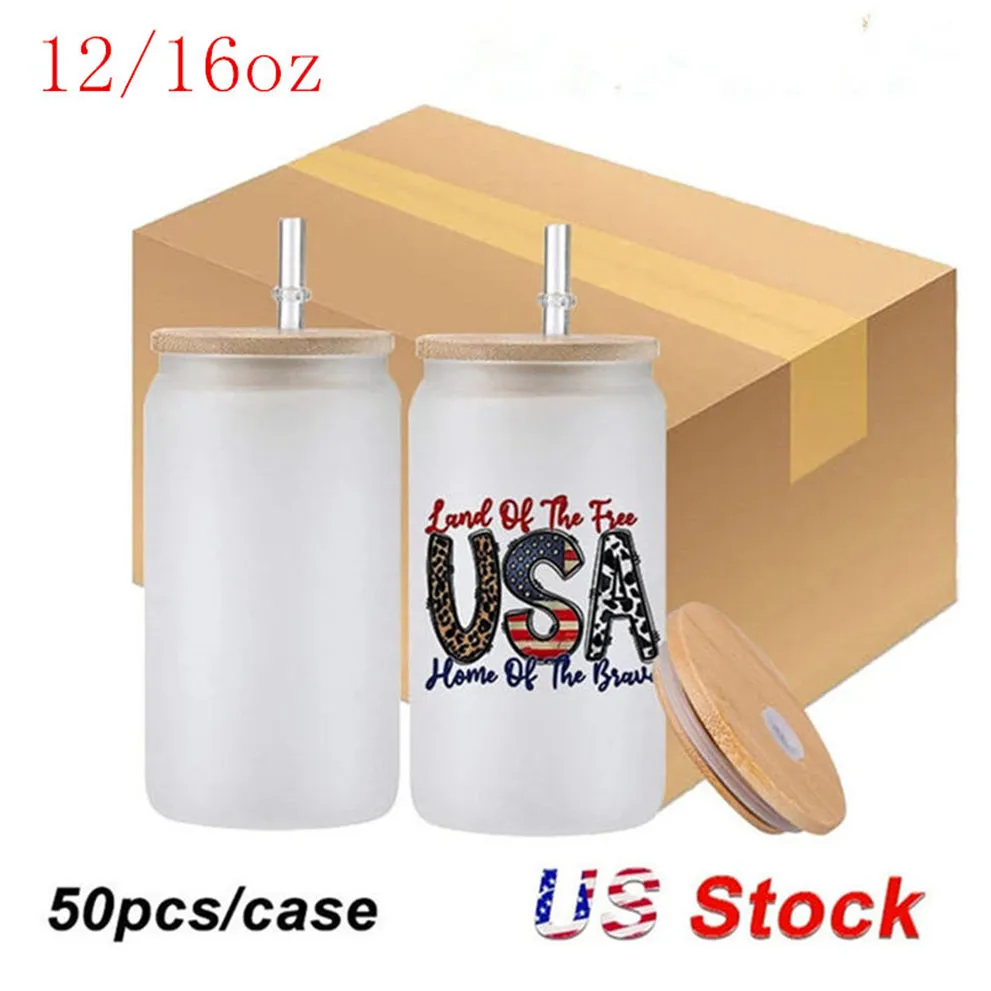 US Stock Sublimation 12oz 16oz Glass Can with Bamboo Lid Reusable Straw Beer Can Transparent Frosted Glass Tumbler Soda Can Cup