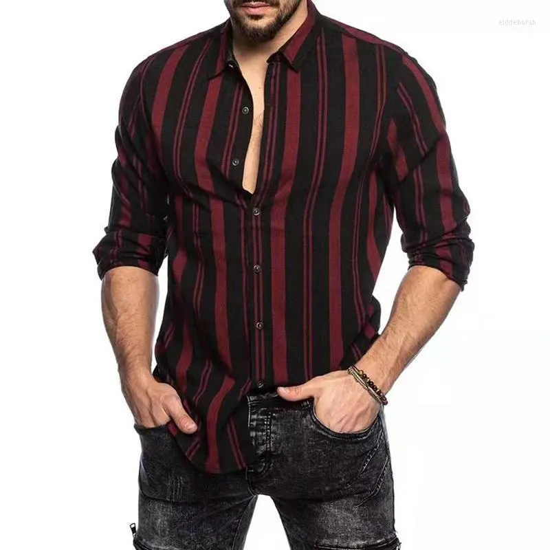 Chemises décontractées pour hommes Slim Stripe Imprimé Men de chemise Contrôles Hawaiian Butt Up Robe Long Manche Streetwear Chemis Chemise Homme Eldd22