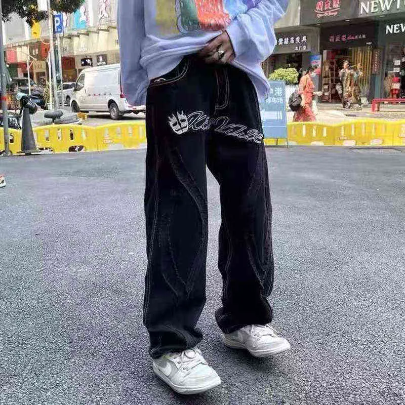 HARAJUKU PARTAWKA Patchwork Haft haft retro męskie dżinsy spodnie Ogólny prosty styl klimatyczny swobodny dżinsowe spodnie uliczne T220803