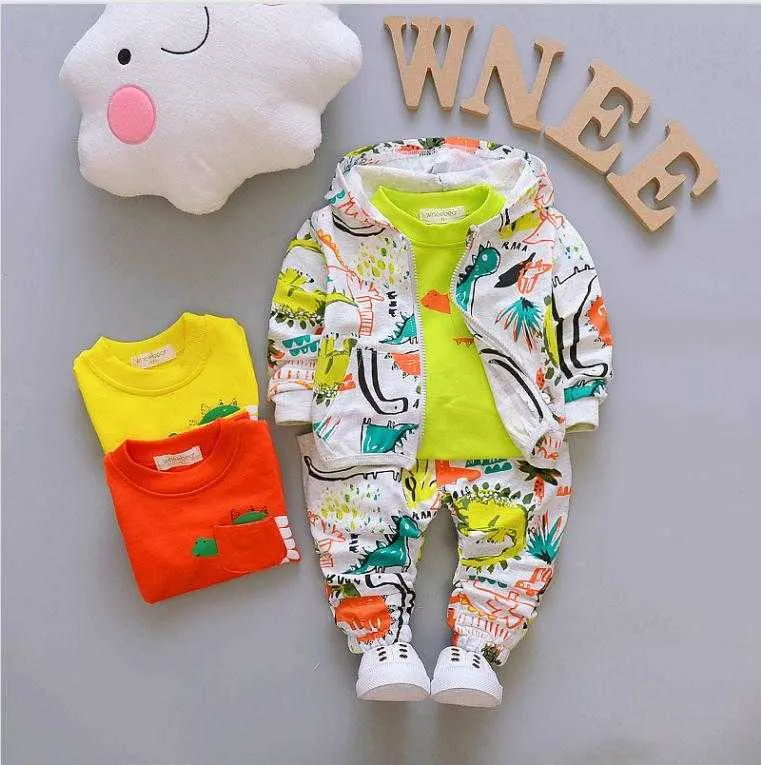 Conjunto de roupas infantis para meninos e meninas, casaco com capuz e calças de desenho animado para bebês, 3 peças, roupa de treino para primavera e outono