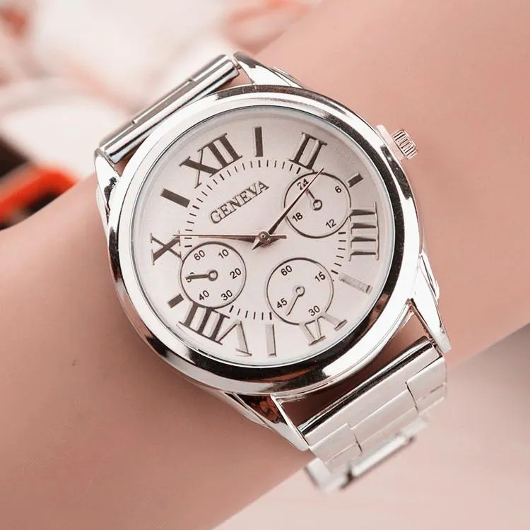 Principais relógios de pulso Top Brand 3 Eyes Silver Genebra Casual Quartz Assista Mulheres Vestido de Aço Anterior Relógio Relogio Feminino Ladies ClockWatche