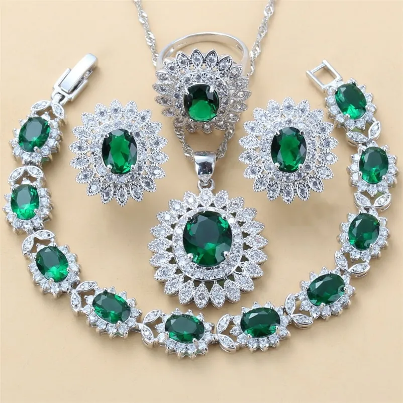 925 Mark luksusowy Dubai Bridal Big Biżuteria Zestawy zielone sześcienne cyrkon słonecznikowy kolczyki Naszyjnik i zestawy pierścieni 220726