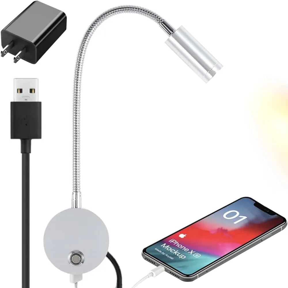 Topoch USB LED Reading Lamp for Bedroom Plug in Wall Sconces Flexible Hose Surface Mount Touch Dimming Light for Bedside RV Boats Art Display Working AC100-240V EU US