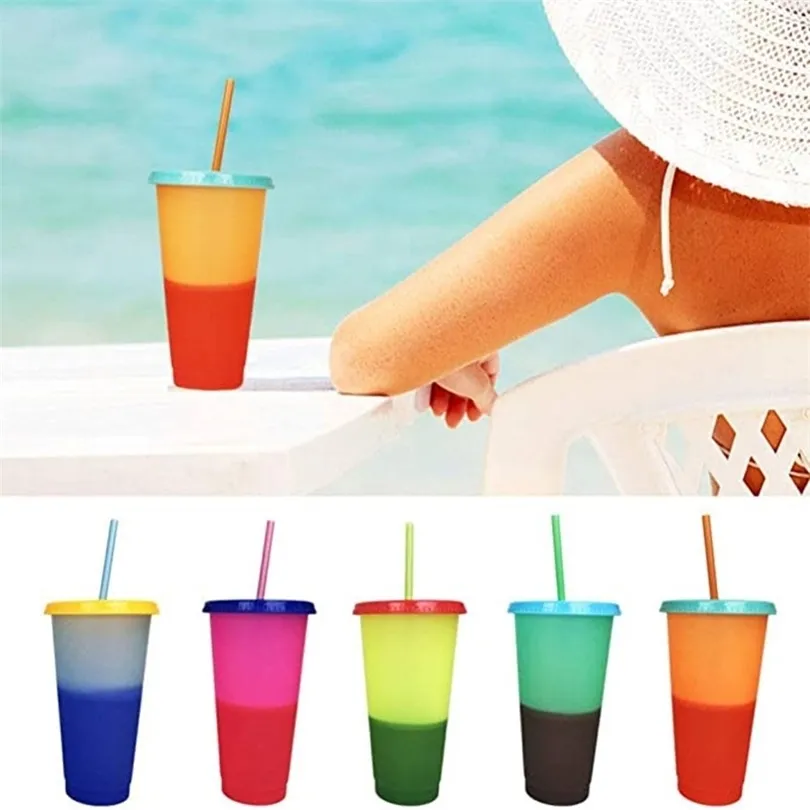 100pcs/lot Reusable Plastic Water Bottles With Straws Temperature Color Changing Cold Cups 700ml Magic Tumblers Birthday Gifts T200911
