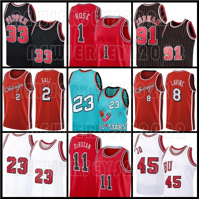 45 23 Michael Jersey Demar Basketball DeRozan Zach 8 LaVine Lonzo Derrick Ball Rose Scottie Dennis Pippen Rodman Retro Chicagos 1995 1996 Ness Men Bull Jerseys