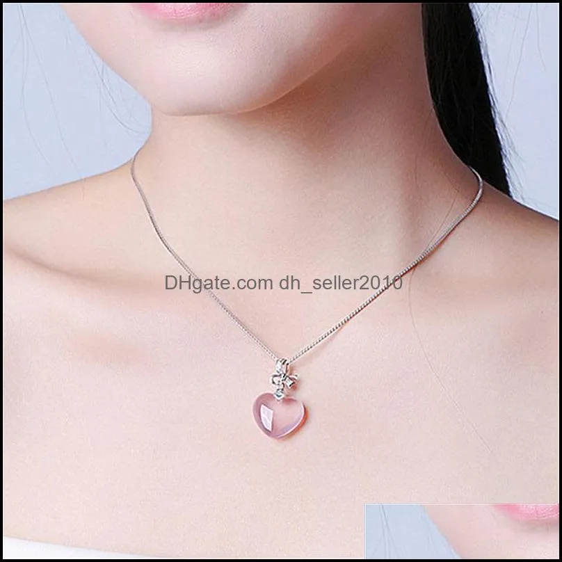 silver necklaces cute sweet pink crystal gemstone necklace for women rose quartz heart crystal pendant necklace