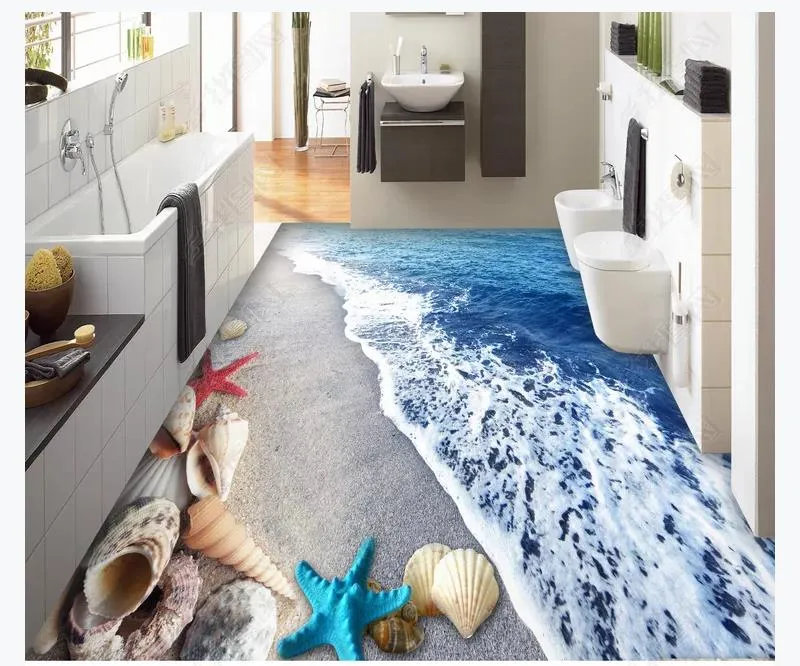 Custom photo flooring wallpaper 3d Wall Stickers Modern mediterranean beach sand seashells 3D stereoscopic floor painting walls papers home decoration